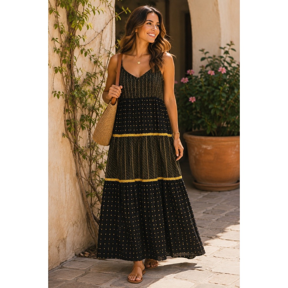 Per Una M&S Dress Womens 8 Black Gold Metallic Maxi Boho Tiered Vacation